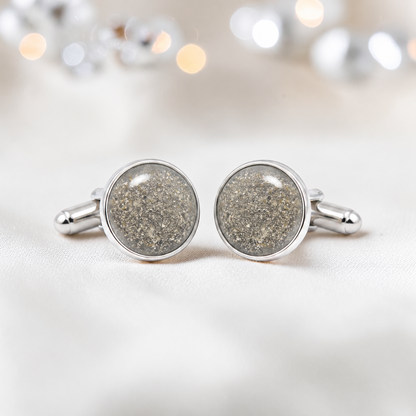 Natural ash silver Eterna memorial ashes cufflinks, handcrafted in Lancashire UK