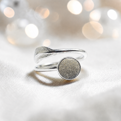 Feather Whisper Ring — silver feather ashes memorial ring, in natural ash, handcrafted in Lancashire, UK