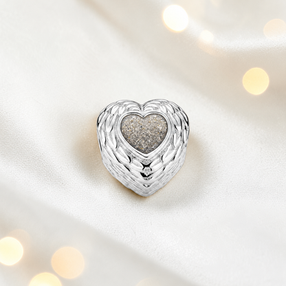 Natural ash sterling silver peaceful whisper heart ashes memorial charm, handcrafted in Lancashire by keepsake memorial