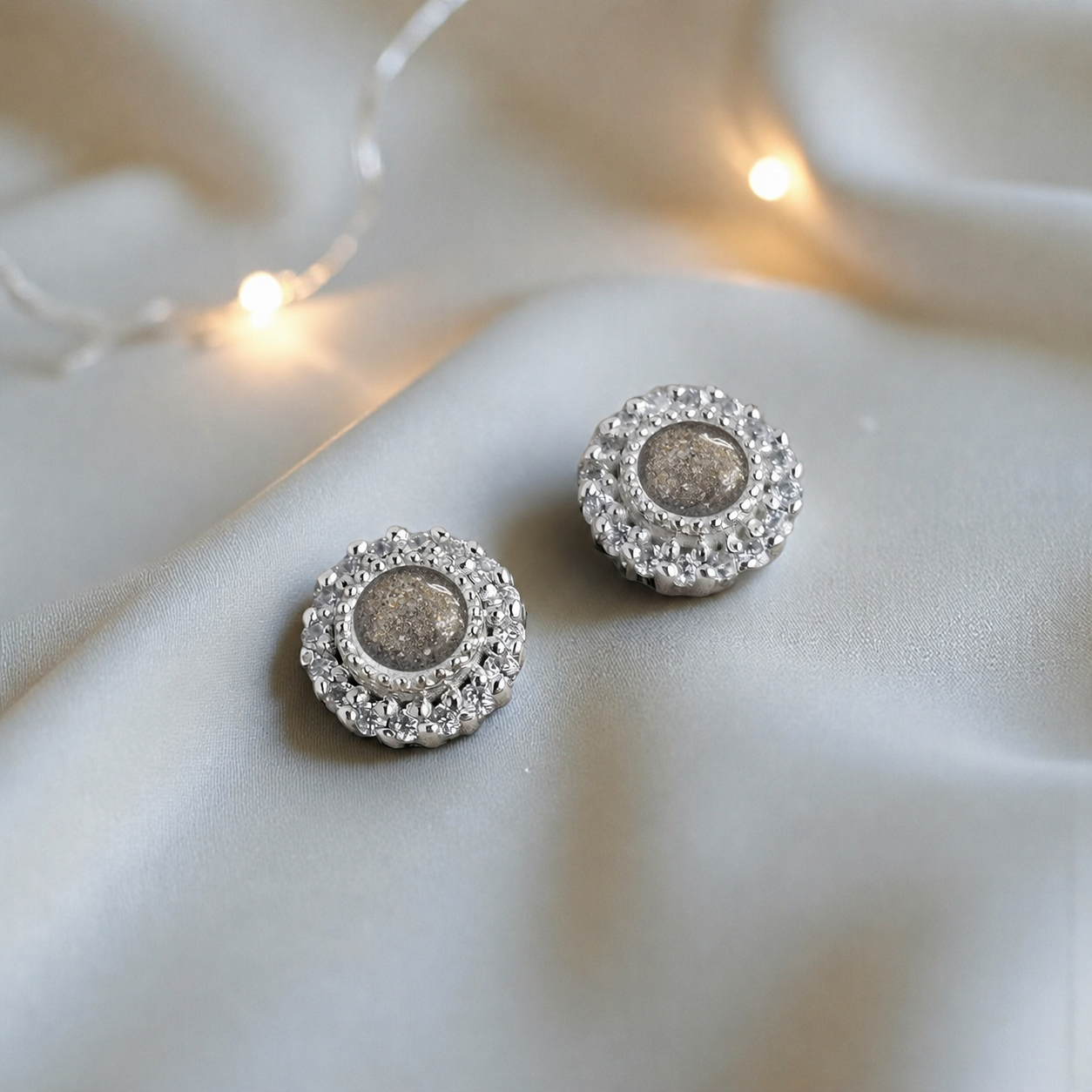 Halo's memorial stud earrings in Natural Ash opal — sterling silver, handcrafted in Lancashire, UK