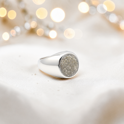 Natural ash Haven men's sterling silver signet ring, handcrafted in Lancashire UK by Keepsake Memorial Jewellery