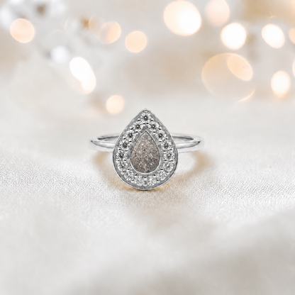 Keepsake Memorial Silver Helena Teardrop Ashes Ring in Natural Ash — handcrafted in Lancashire, UK