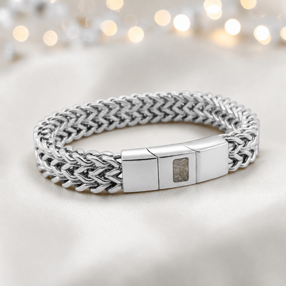 Natural ash Heritage men's stainless steel  memorial bracelet , handcrafted in Lancashire UK by Keepsake Memorial Jewellery