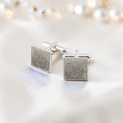 Natural ash Nexus sterling silver square memorial ashes cufflinks, handcrafted in Lancashire UK