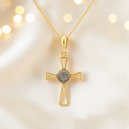 Natural ash 9ct gold memorial ashes open cross pendant, handcrafted in Lancashire UK