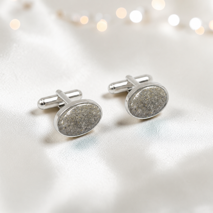 Natural ash Pulse sterling silver oval memorial ashes cufflinks, handcrafted in Lancashire UK