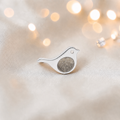 Keepsake memorial silver Robin  ashes charm, in natural ash, handcrafted in Lancashire, UK