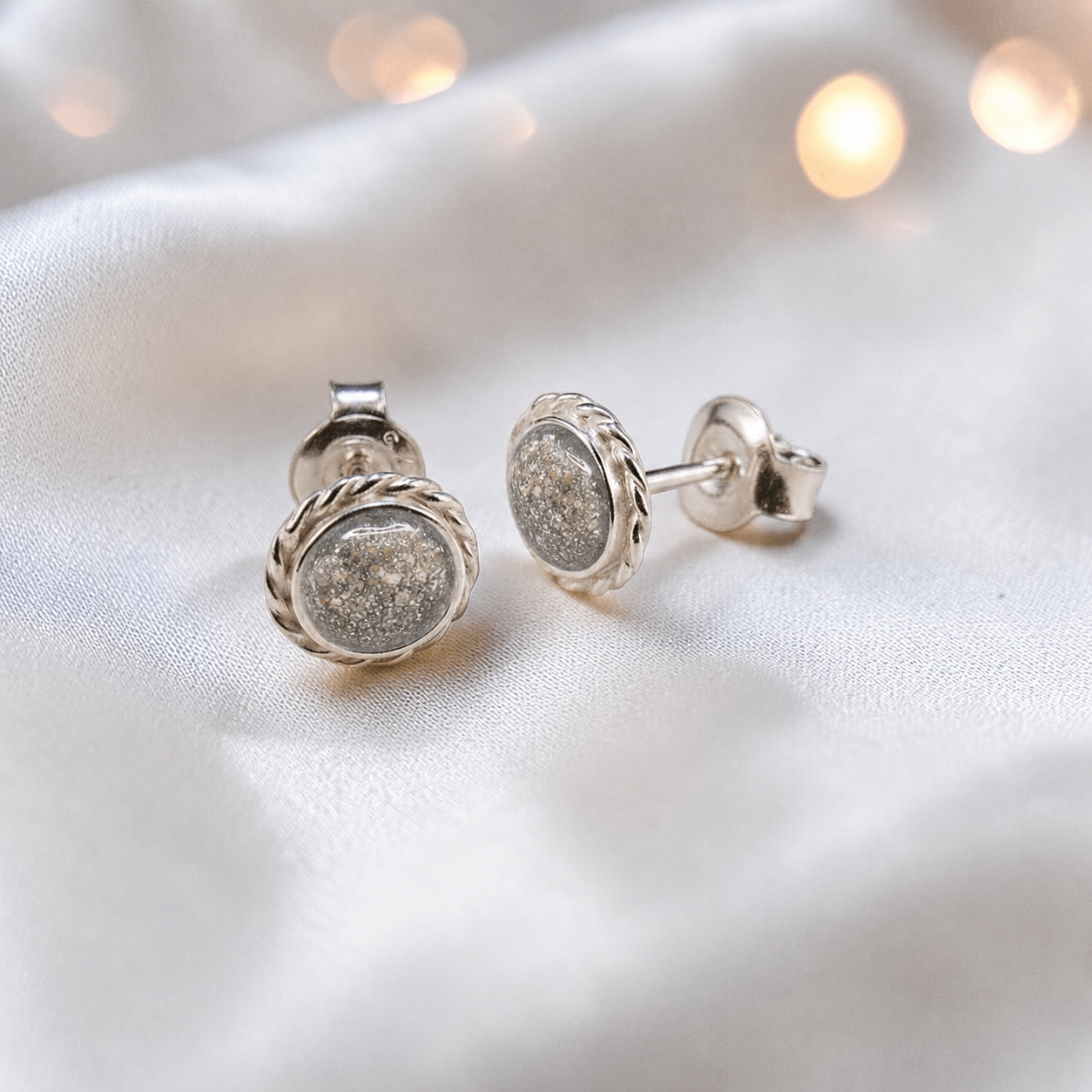 Eterna memorial stud earrings in Ash opal — sterling silver rope edge, handcrafted in Lancashire, UK