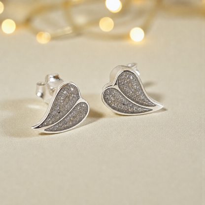Two Hearts memorial stud earrings in Natural Ash opal — sterling silver, handcrafted in Lancashire, UK