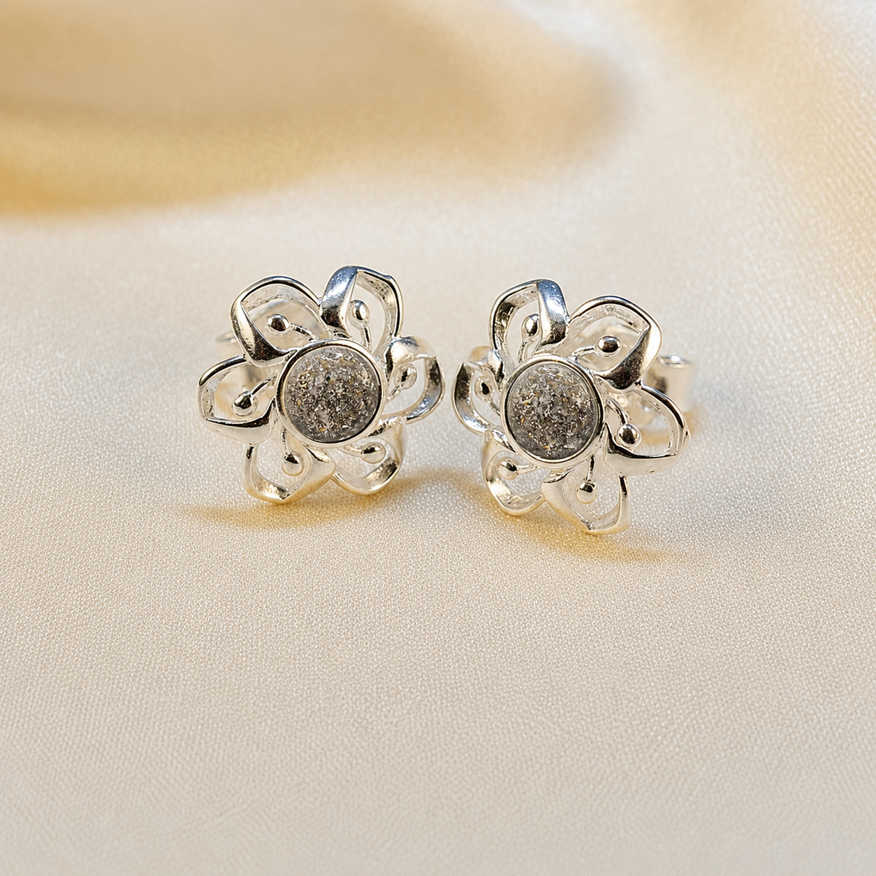 Keepsake Memorial Sterling Silver Ladies Ashes Earrings - Velour Flowers