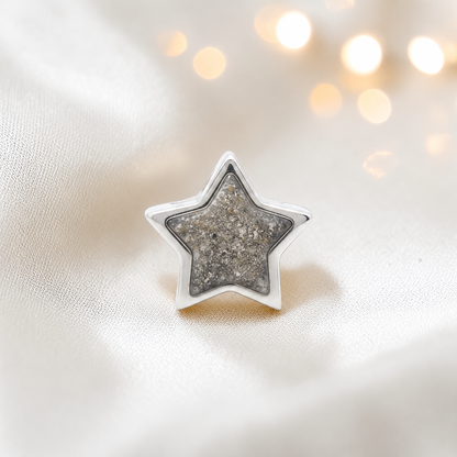 Natural ash sterling silver star ashes memorial charm, handcrafted in Lancashire by keepsake memorial
