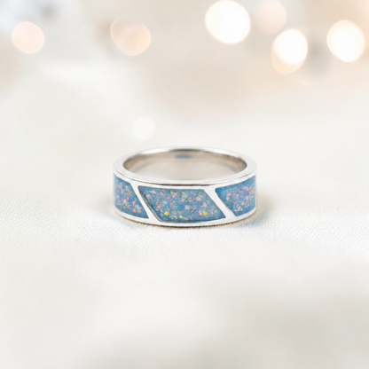Baby blue Axis men's sterling silver three setting ring, handcrafted in Lancashire UK by Keepsake Memorial Jewellery