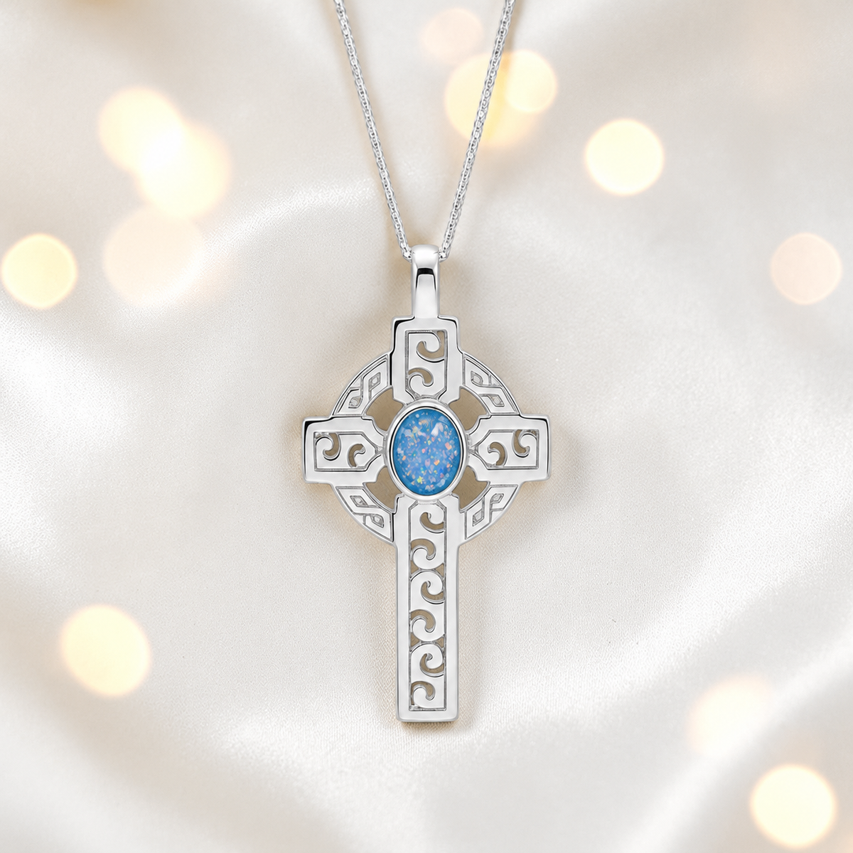 Baby blue Anam sterling silver Celtic cross memorial pendant, 55mm, handcrafted in Lancashire UK by Keepsake Memorial Jewellery