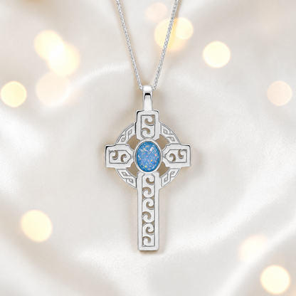 Baby blue Anam sterling silver Celtic cross memorial pendant, 55mm, handcrafted in Lancashire UK by Keepsake Memorial Jewellery