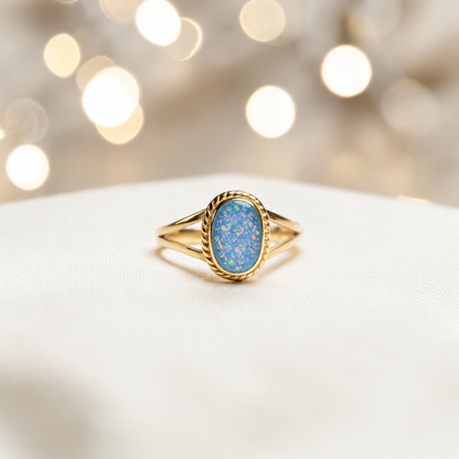 Baby Blue Ayla, 9ct gold oval memorial ring, handcrafted in Lancashire, UK – by Keepsake Memorial Jewellery