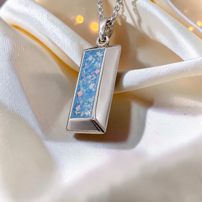 Baby blue Bastion men's sterling silver 3D bar memorial pendant, handcrafted in Lancashire UK by Keepsake Memorial Jewellery