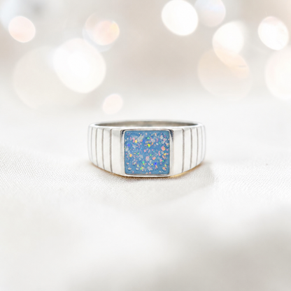 Baby blue Echo men's sterling silver memorial signet ring, handcrafted in Lancashire UK by Keepsake Memorial Jewellery