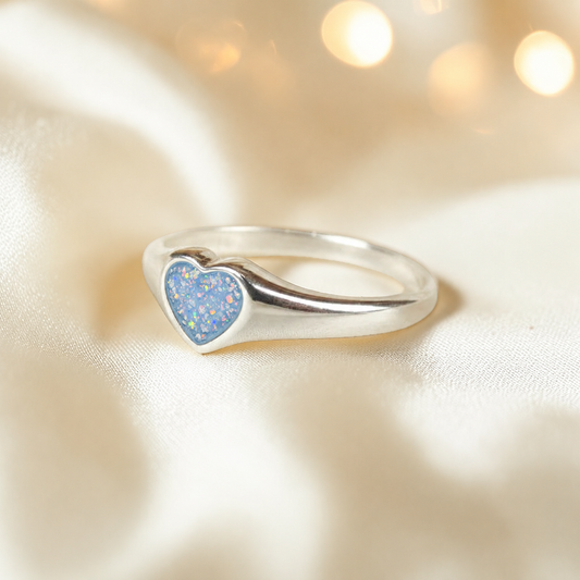 Eden Heart shaped memorial ashes ring with baby blue,  handcrafted in Lancashire, UK.