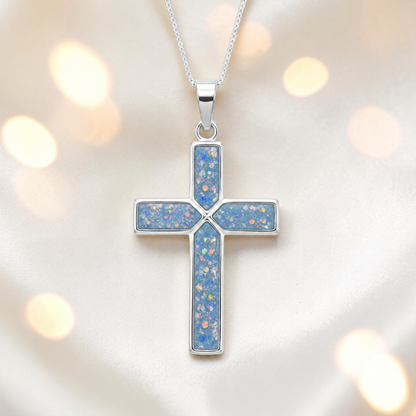 Baby blue Endura men's sterling silver cross memorial pendant, 29mm, handcrafted in Lancashire UK by Keepsake Memorial Jewellery
