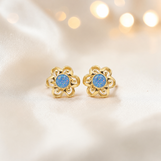 Baby Blue Freya  9ct gold flower earrings, handcrafted in Lancashire, UK – by Keepsake Memorial Jewellery