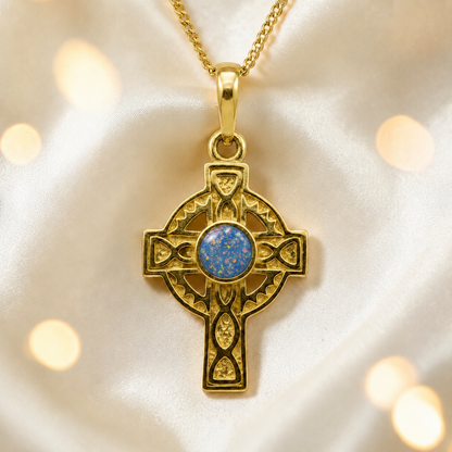 Baby blue Gael 9ct gold memorial ashes celtic style pendant, handcrafted in Lancashire, uk