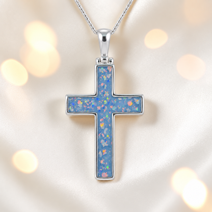 Baby blue Halo sterling silver cross memorial pendant, 30mm, handcrafted in Lancashire UK by Keepsake Memorial Jewellery