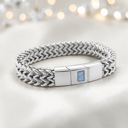 Baby blue Heritage men's stainless steel  memorial bracelet , handcrafted in Lancashire UK by Keepsake Memorial Jewellery