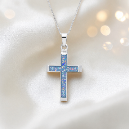 Baby blue Legacy men's sterling silver 3D cross memorial pendant, 29mm, handcrafted in Lancashire UK by Keepsake Memorial Jewellery
