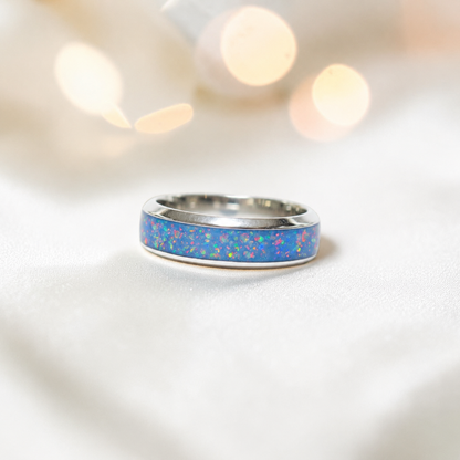 Baby blue Obsidian men's sterling silver wide channel memorial band ring, 6mm wide, handcrafted in Lancashire UK by Keepsake Memorial Jewellery