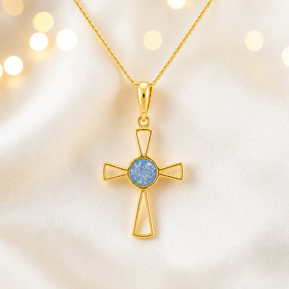 Baby Blue 9ct gold memorial ashes open cross pendant, handcrafted in Lancashire UK