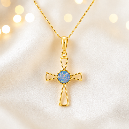 Baby Blue 9ct gold memorial ashes open cross pendant, handcrafted in Lancashire UK