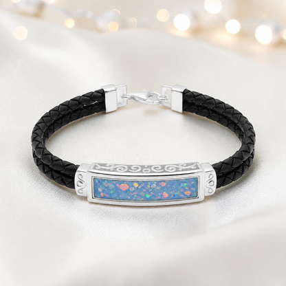 Baby blue Sentinel men's sterling silver and leather memorial bracelet , handcrafted in Lancashire UK by Keepsake Memorial Jewellery