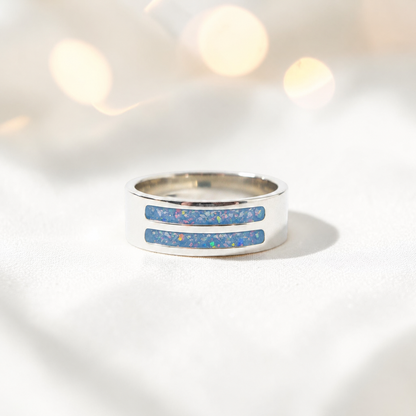 Baby blue Strata men's sterling silver double channel memorial ring, wide comfort-fit band, handcrafted in Lancashire UK by Keepsake Memorial Jewellery