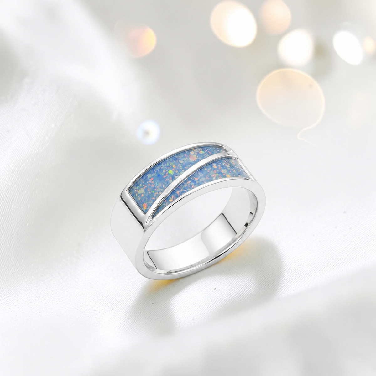 Baby blue Two Paths men's sterling silver split channel memorial band ring, handcrafted in Lancashire UK by Keepsake Memorial Jewellery