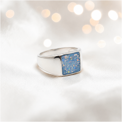 Baby blue Valor men's sterling silver memorial signet ring, handcrafted in Lancashire UK by Keepsake Memorial Jewellery