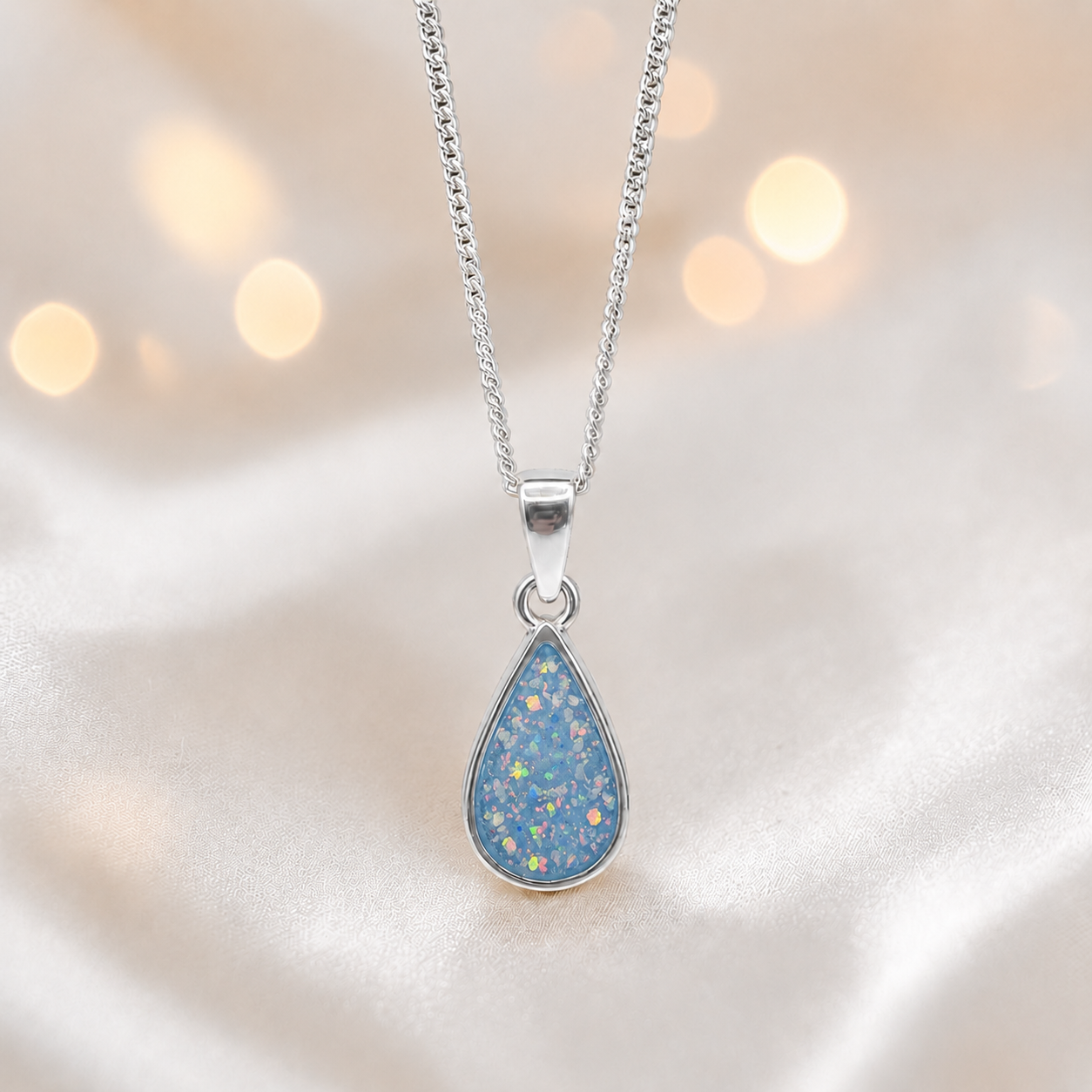 Silver Vega teardrop memorial pendant in Baby Blue, handcrafted in Lancashire UK