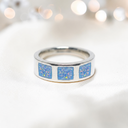 Baby Blue vigil men's sterling silver memorial ring with triple setting, handcrafted in Lancashire UK by Keepsake Memorial Jewellery