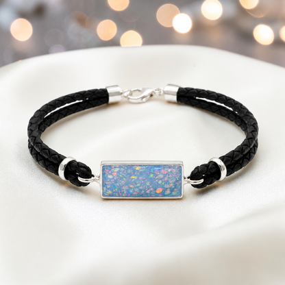 Baby blue  Zenith men's sterling silver and leather memorial bracelet , handcrafted in Lancashire UK by Keepsake Memorial Jewellery