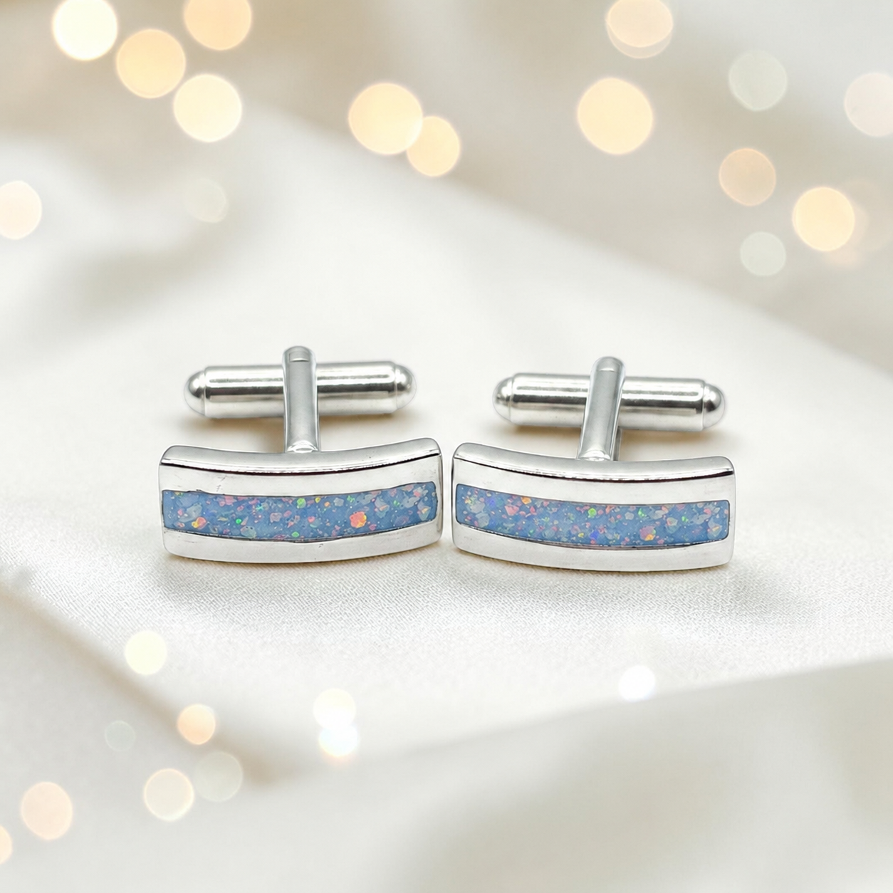 Baby blue silver Ember memorial ashes cufflinks, handcrafted in Lancashire UK