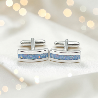 Baby blue silver Ember memorial ashes cufflinks, handcrafted in Lancashire UK