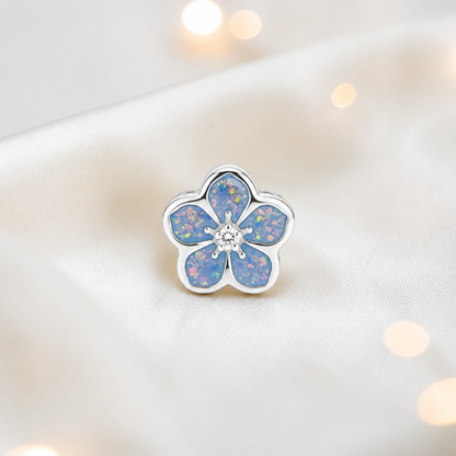Baby blue sterling silver forget me not ashes memorial charm, handcrafted in Lancashire by keepsake memorial