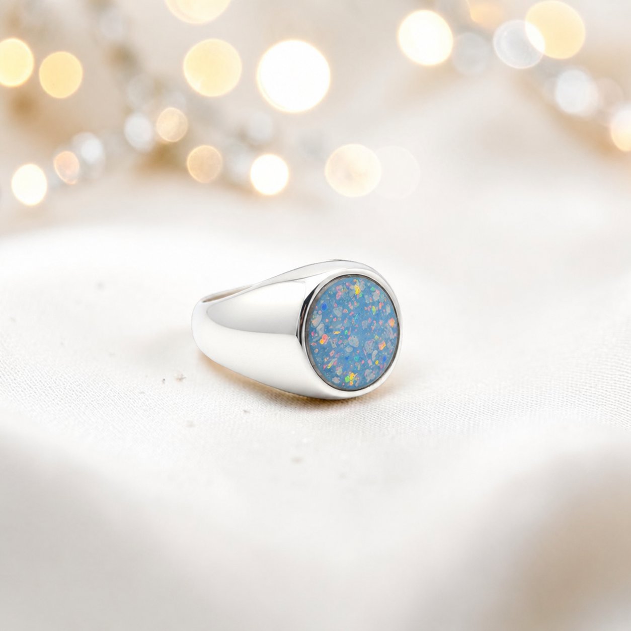 Baby blue Haven men's sterling silver signet ring, handcrafted in Lancashire UK by Keepsake Memorial Jewellery