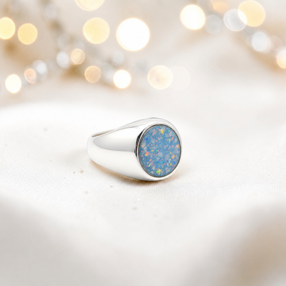 Baby blue Haven men's sterling silver signet ring, handcrafted in Lancashire UK by Keepsake Memorial Jewellery