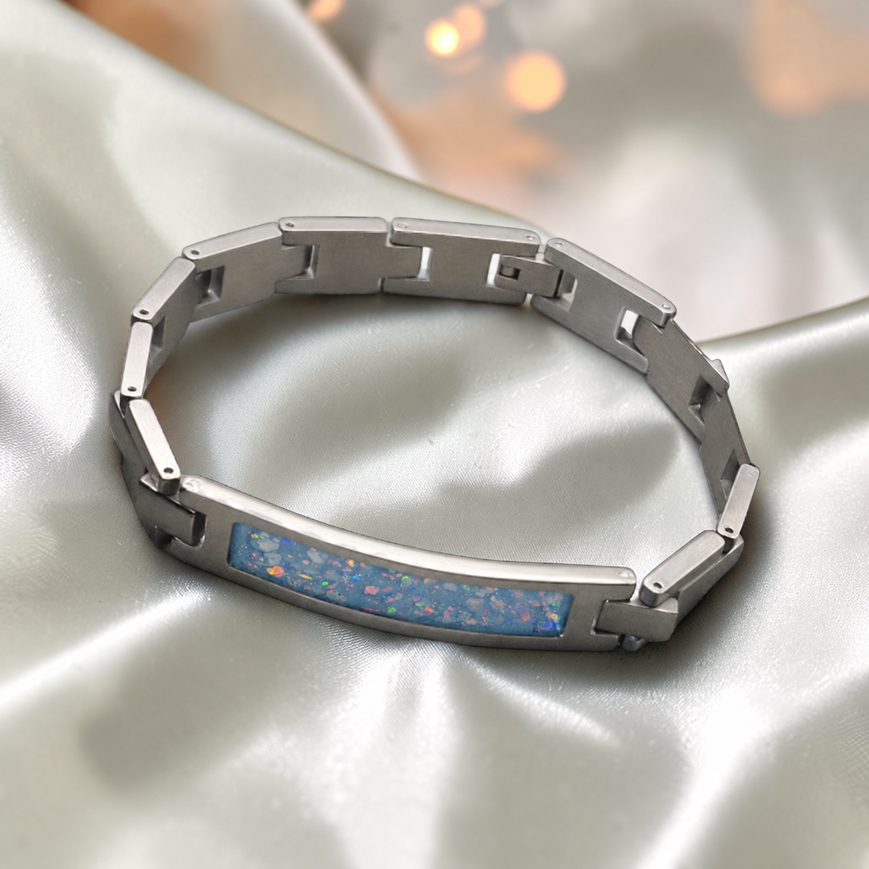 Baby blue stainless steel link ID memorial ashes bracelet – Keepsake Memorial Jewellery
