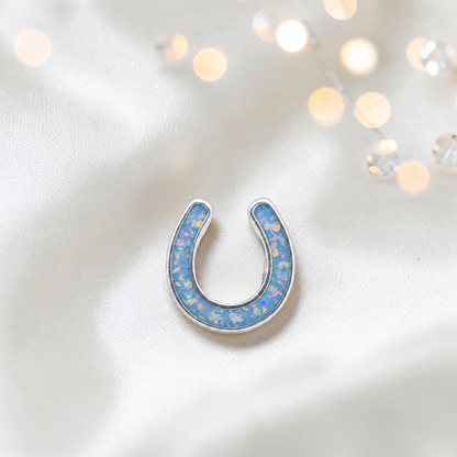 Maverick horseshoe ashes charm, in baby blue, handcrafted in Lancashire UK - by Keepsake Memorial Jewellery 