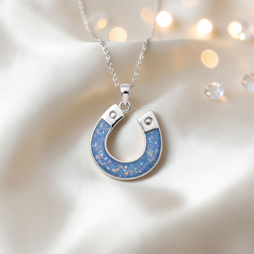 Midnight horseshoe ashes pendant in baby blue, handcrafted in Lancashire UK - by Keepsake Memorial Jewellery