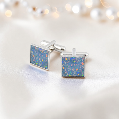 Bay blue Nexus sterling silver square memorial ashes cufflinks, handcrafted in Lancashire UK