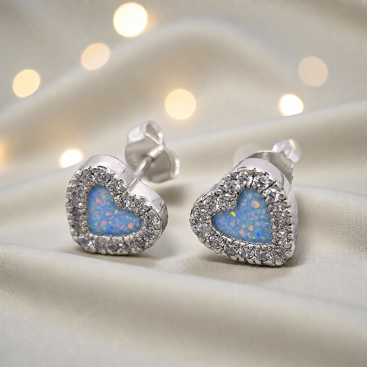 Keepsake Memorial Sterling Silver Heart Ashes Earrings Opal Dawn in Baby Blue - Handcrafted in the UK