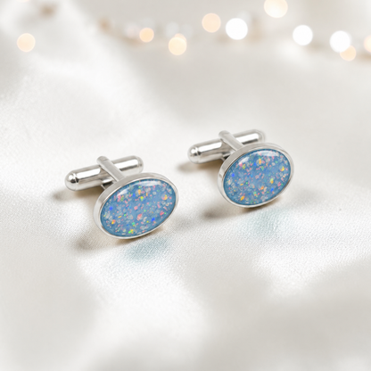 Baby blue Pulse sterling silver oval memorial ashes cufflinks, handcrafted in Lancashire UK