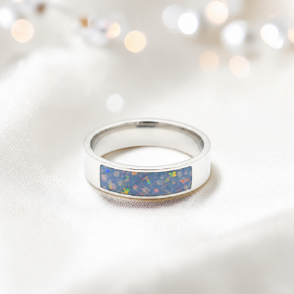 Baby blue Solace men's sterling silver ring, handcrafted in Lancashire UK by Keepsake Memorial Jewellery